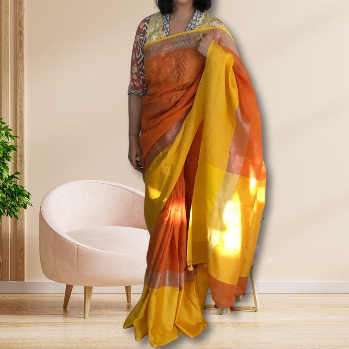 Marigold and Canary Yellow Colour Block Linen Saree With Silver Zari & Tassel