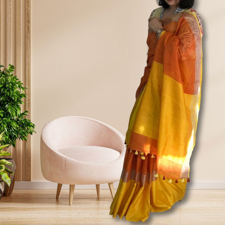 Marigold and Canary Yellow Colour Block Linen Saree With Silver Zari & Tassel