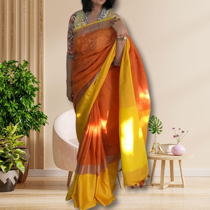 Marigold and Canary Yellow Colour Block Linen Saree With Silver Zari & Tassel