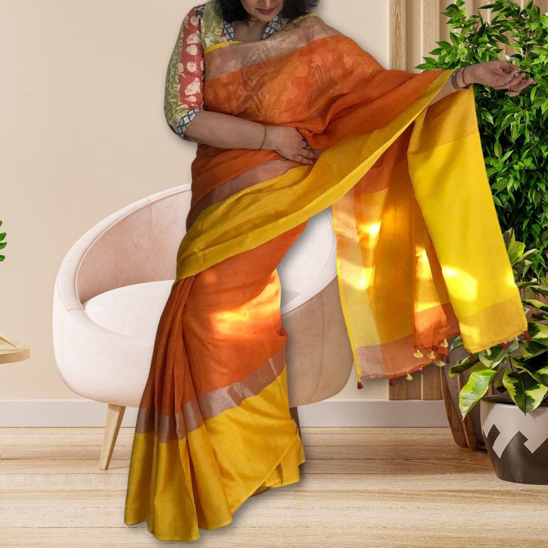 Marigold and Canary Yellow Colour Block Linen Saree With Silver Zari & Tassel