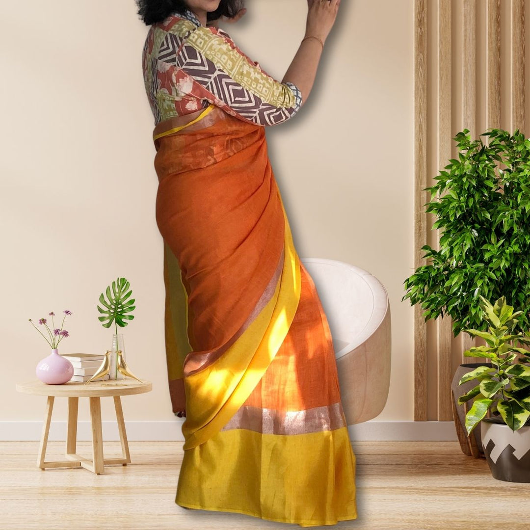 Marigold and Canary Yellow Colour Block Linen Saree With Silver Zari & Tassel