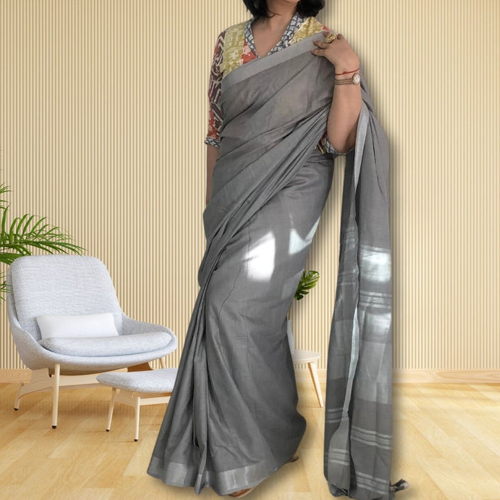 Light Grey Cotton Linen Saree | With Silver Zari Border | Tasselled Fringes