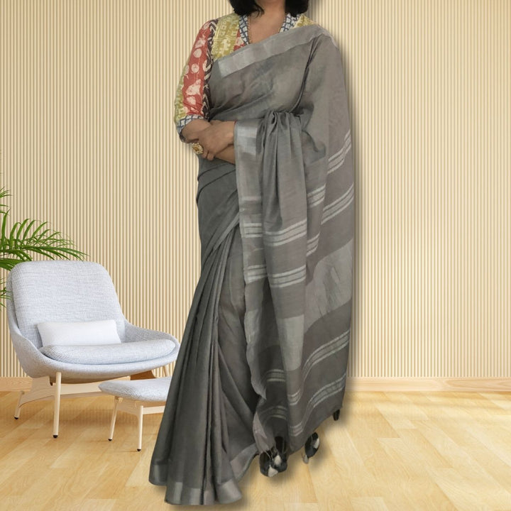 Light Grey Cotton Linen Saree | With Silver Zari Border | Tasselled Fringes