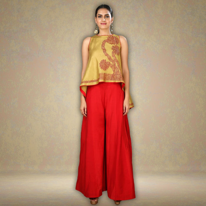 Asymmetric Madhubani Hand-Painted Cape Top | Tussar Eri Silk | Golden