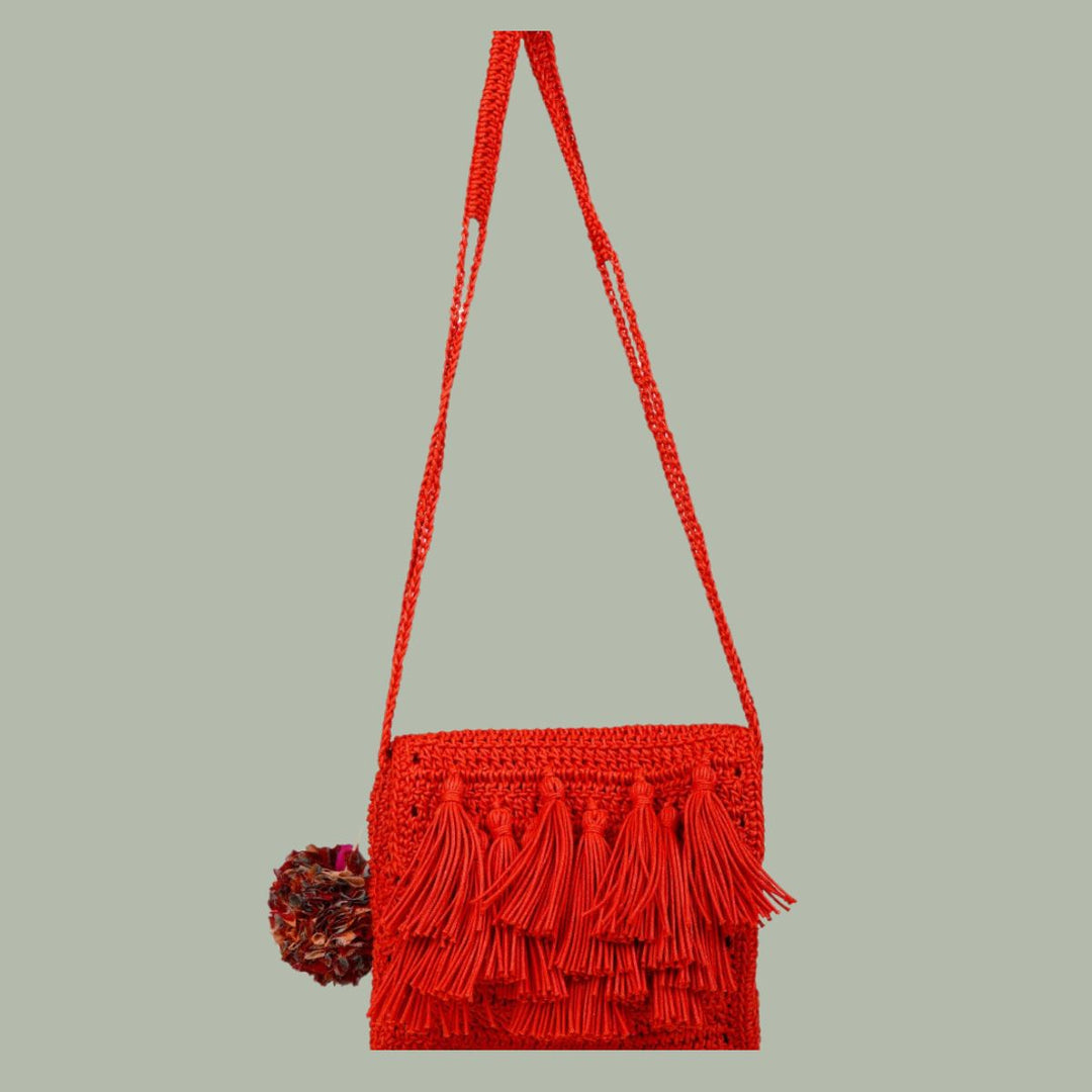 Tasseled Mini Sling Bag | Hand-Crochet | Cotton Yarn | Crimson Red