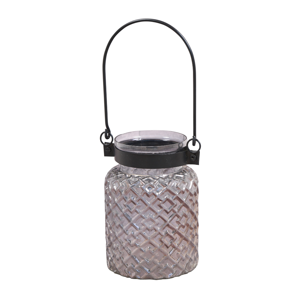 Patterned Glass Black Lustre Lantern | Table Top Accent | Festive Decor | Hand-Made | Black | 9"