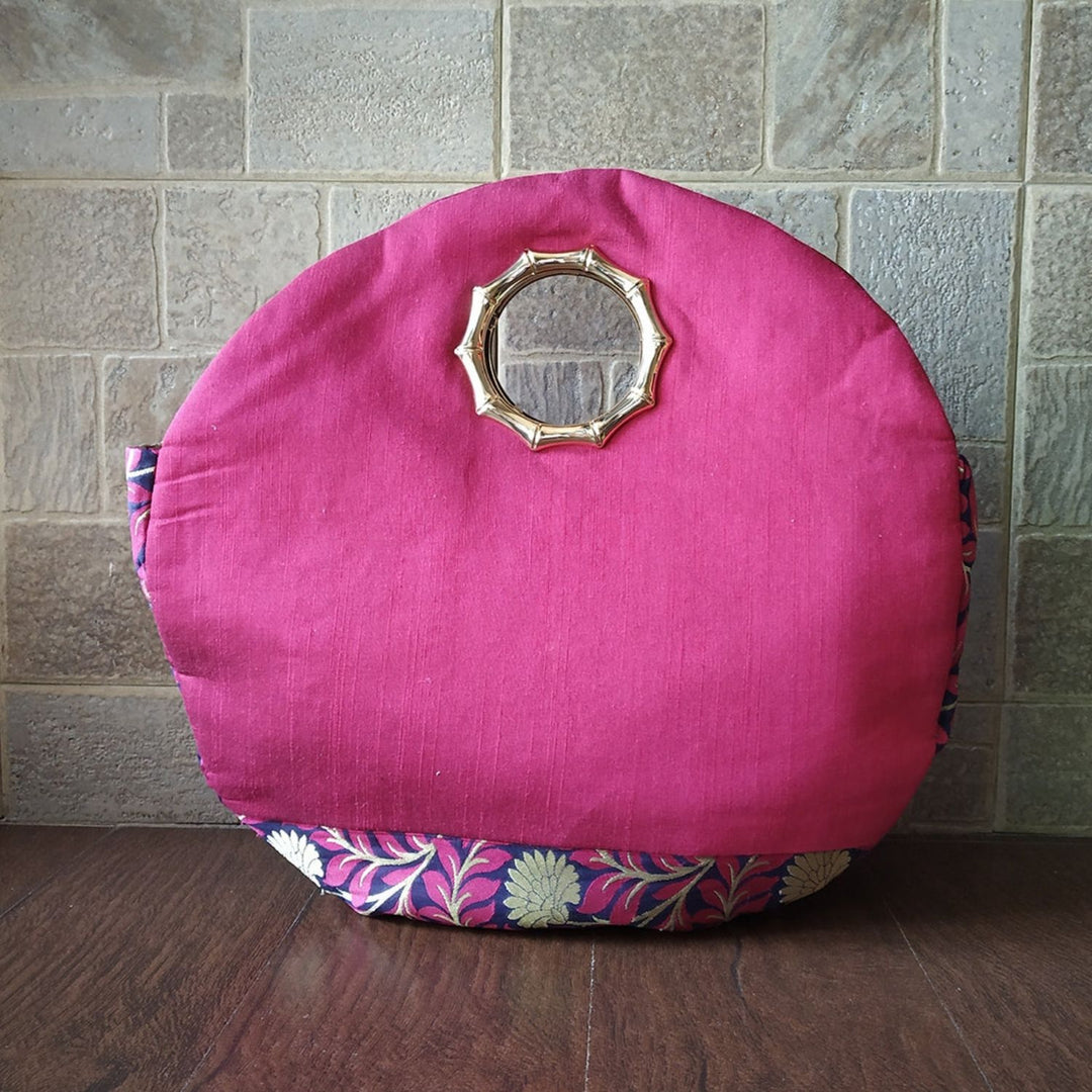 Magenta Round Silk & Banarasi Bag | For Festive Elegance