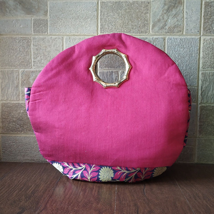 Magenta Round Silk & Banarasi Bag | For Festive Elegance