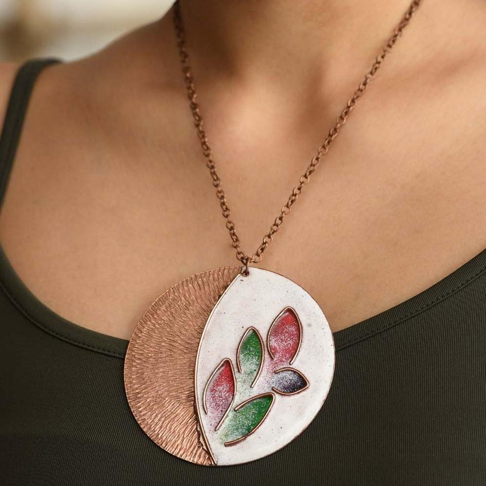 Leaflet Copper Enamel Pendant Necklace | Hand-crafted | White & Golden