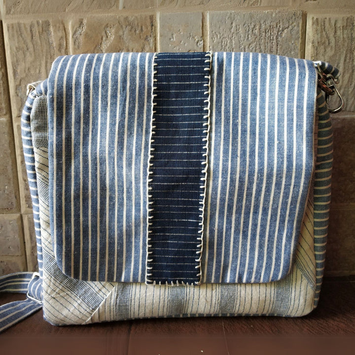 White & Ice Blue Kala Cotton Messenger Bag | Hand Crafted