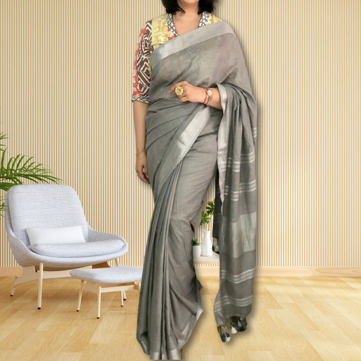 Light Grey Cotton Linen Saree | With Silver Zari Border | Tasselled Fringes