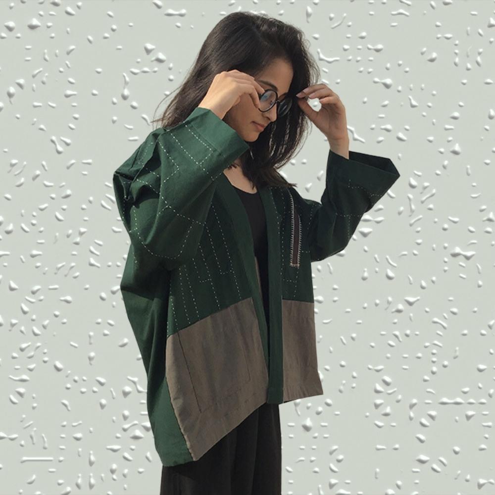 Bottle Green Kimono Jacket | Stylish | Oversized | Hand-Crafted | Kantha Embroidery