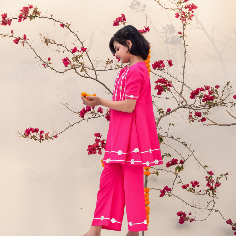 Rani Gota Set | Girls Kurta Set | Festive Wear | Gota Work | Cotton | Pink | Set Of 2