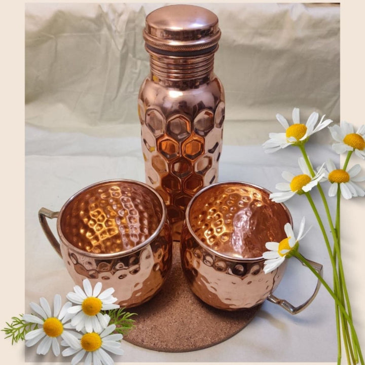 Diamond Design Copper Bottle With Mugs | Diwali Gift Set Of 3 | 750 ML