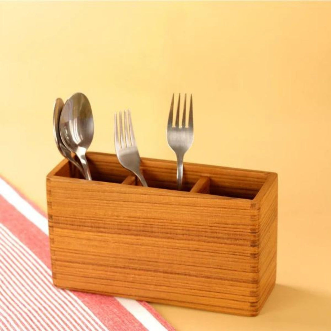 Cresta Cutlery Caddy | Premium Teak Wood | Hand-Crafted | 8 Inch