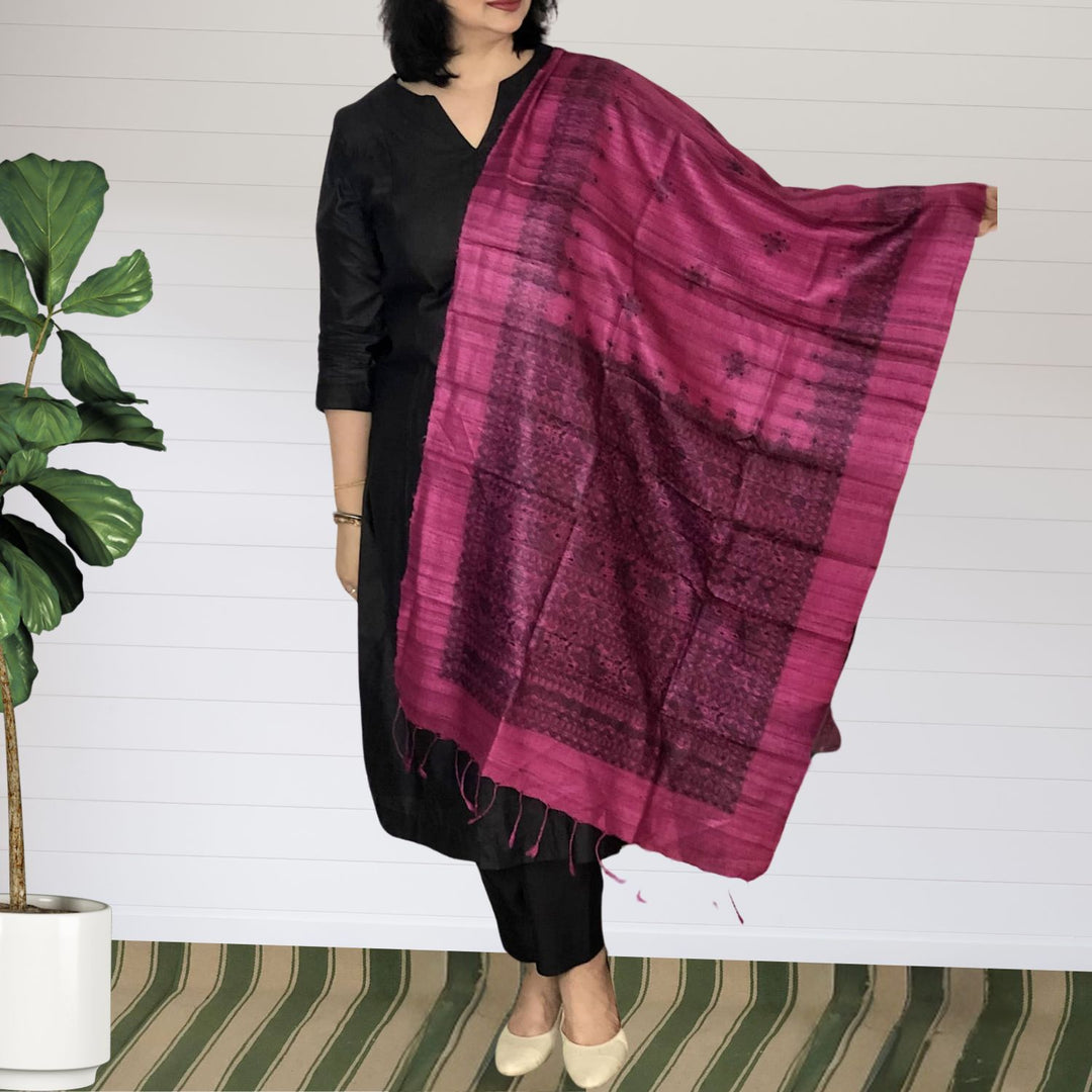 Shyla Madhubani Painted Tussar Stole | Monochrome Painting | Artistic | Magenta