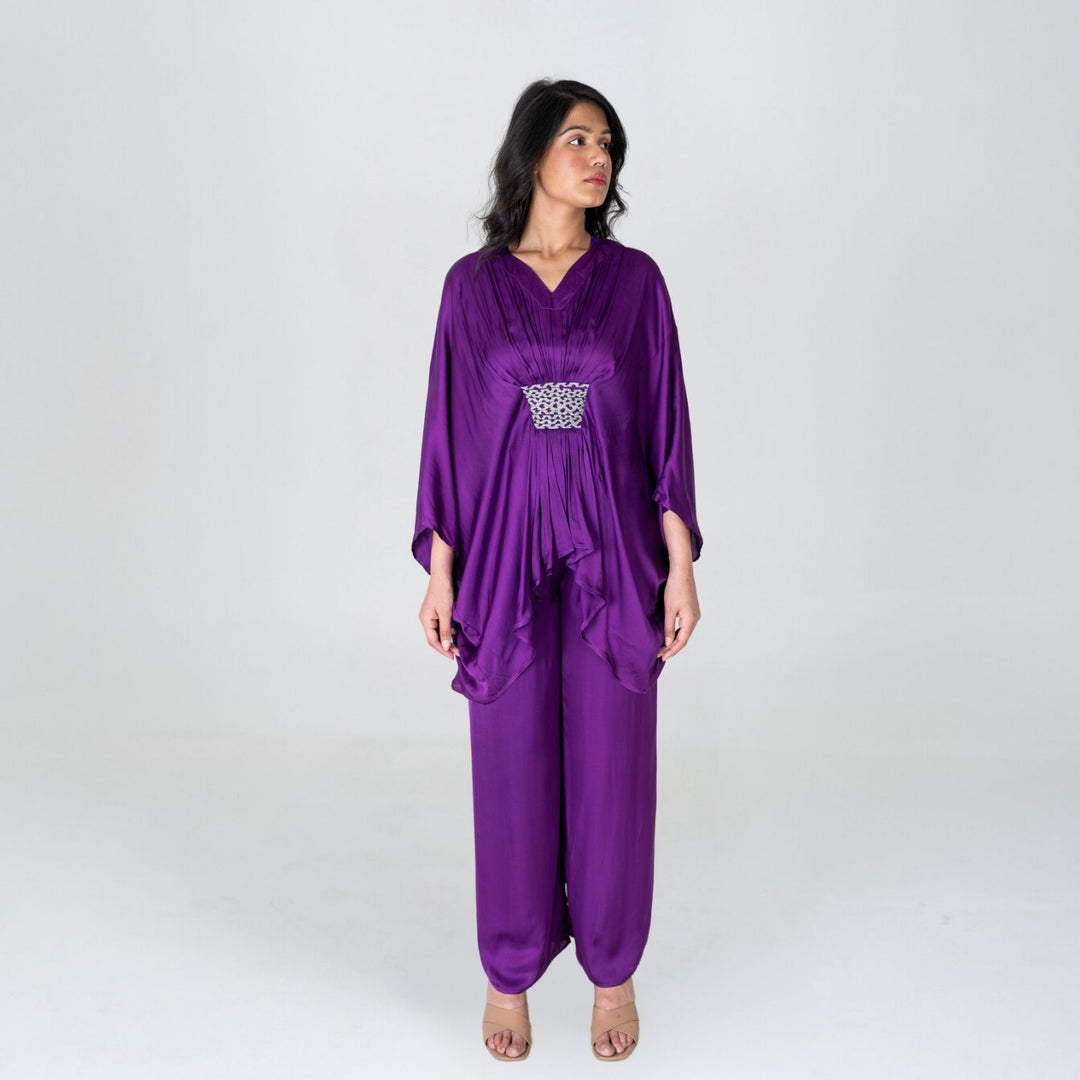 Purple-Green Braided Kaftan Co-ord Set | Bemberg Modal | Set Of 2