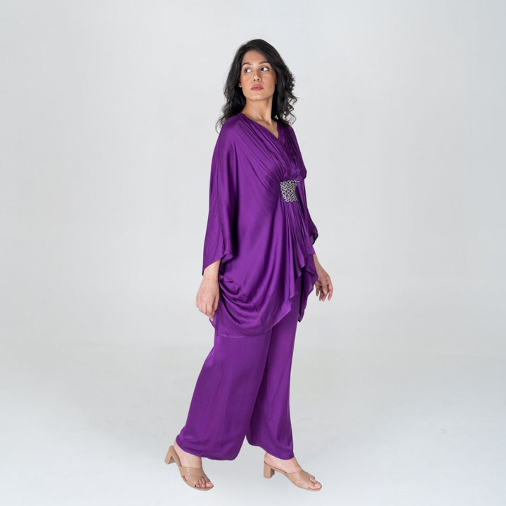 Purple-Green Braided Kaftan Co-ord Set | Bemberg Modal | Set Of 2