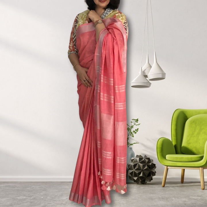 Watermelon Pink Cotton Linen Saree | With Silver Zari Border | Tasselled Fringes