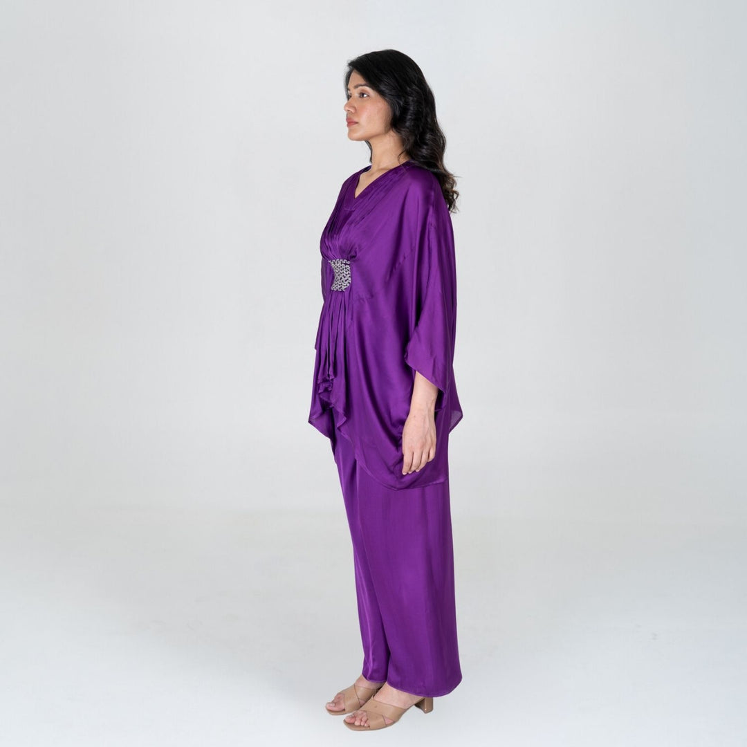 Purple-Green Braided Kaftan Co-ord Set | Bemberg Modal | Set Of 2