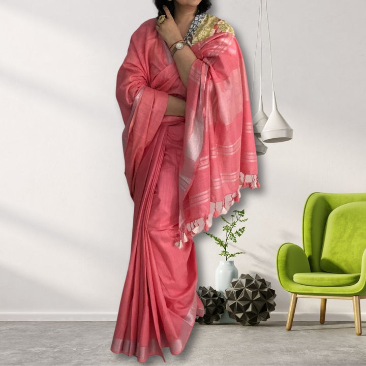 Watermelon Pink Cotton Linen Saree | With Silver Zari Border | Tasselled Fringes