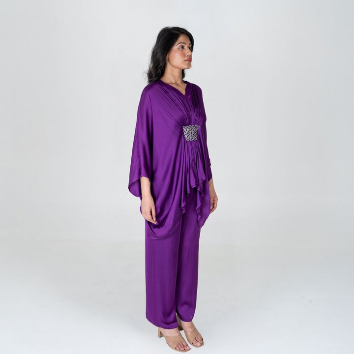 Purple-Green Braided Kaftan Co-ord Set | Bemberg Modal | Set Of 2