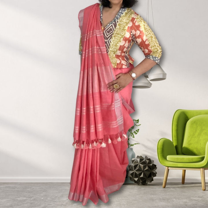 Watermelon Pink Cotton Linen Saree | With Silver Zari Border | Tasselled Fringes