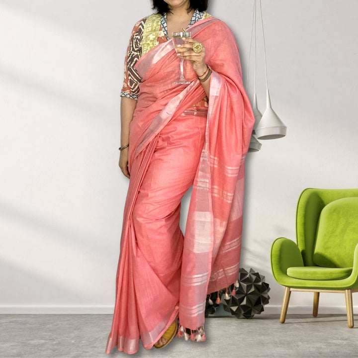 Watermelon Pink Cotton Linen Saree | With Silver Zari Border | Tasselled Fringes