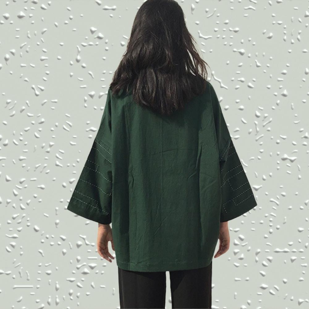 Bottle Green Kimono Jacket | Stylish | Oversized | Hand-Crafted | Kantha Embroidery