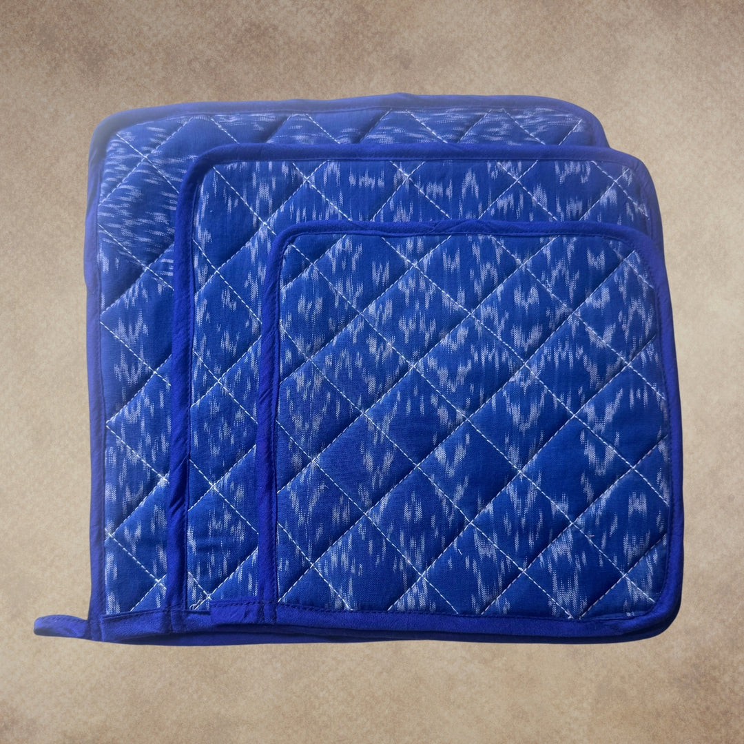 Blue Ikat Quilted Pot Holders | Hand-Crafted Kitchen Linen | Set of 3