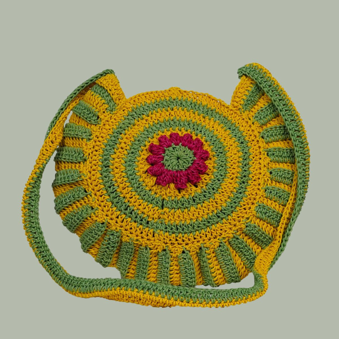 Floral Round Mini Sling Bag | Hand-Crochet | Cotton Yarn | Mustard & Fern Green