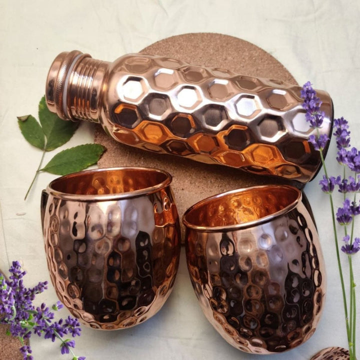 Diamond Design Copper Bottle With Mugs | Diwali Gift Set Of 3 | 750 ML