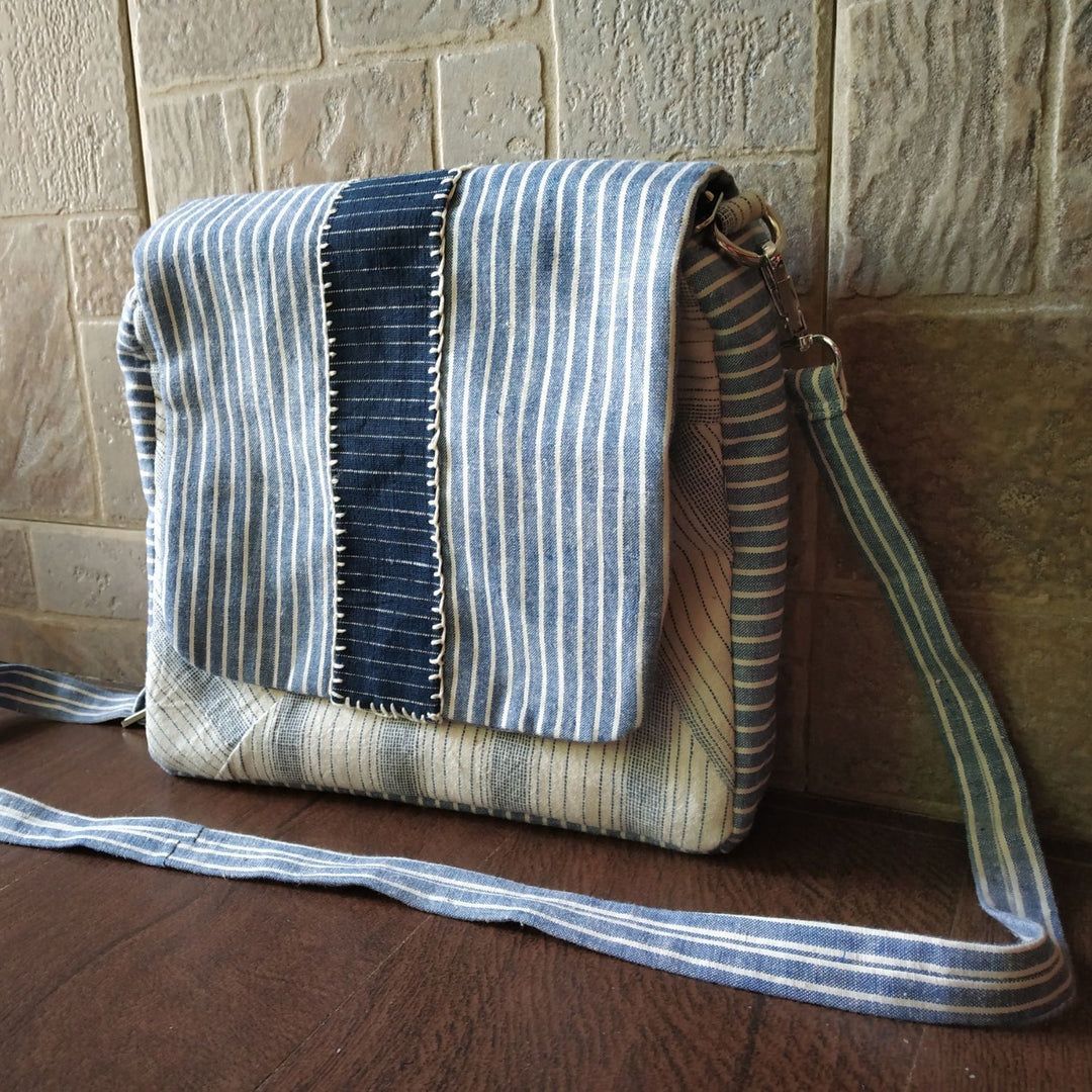 White & Ice Blue Kala Cotton Messenger Bag | Hand Crafted