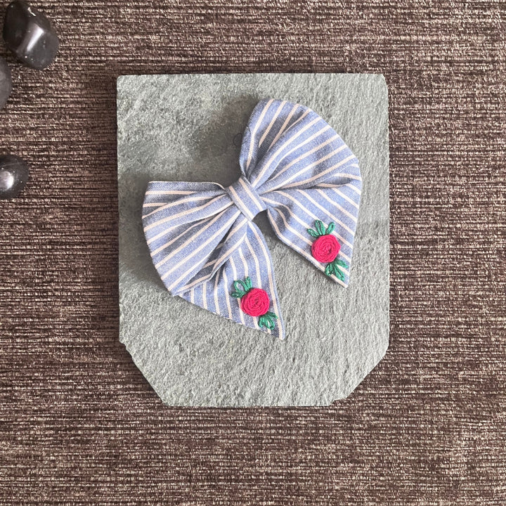 Bow Ribbon Hair Clip | Embroidered | Floral | Delicate | Comfortable | Cute | Ice Blue