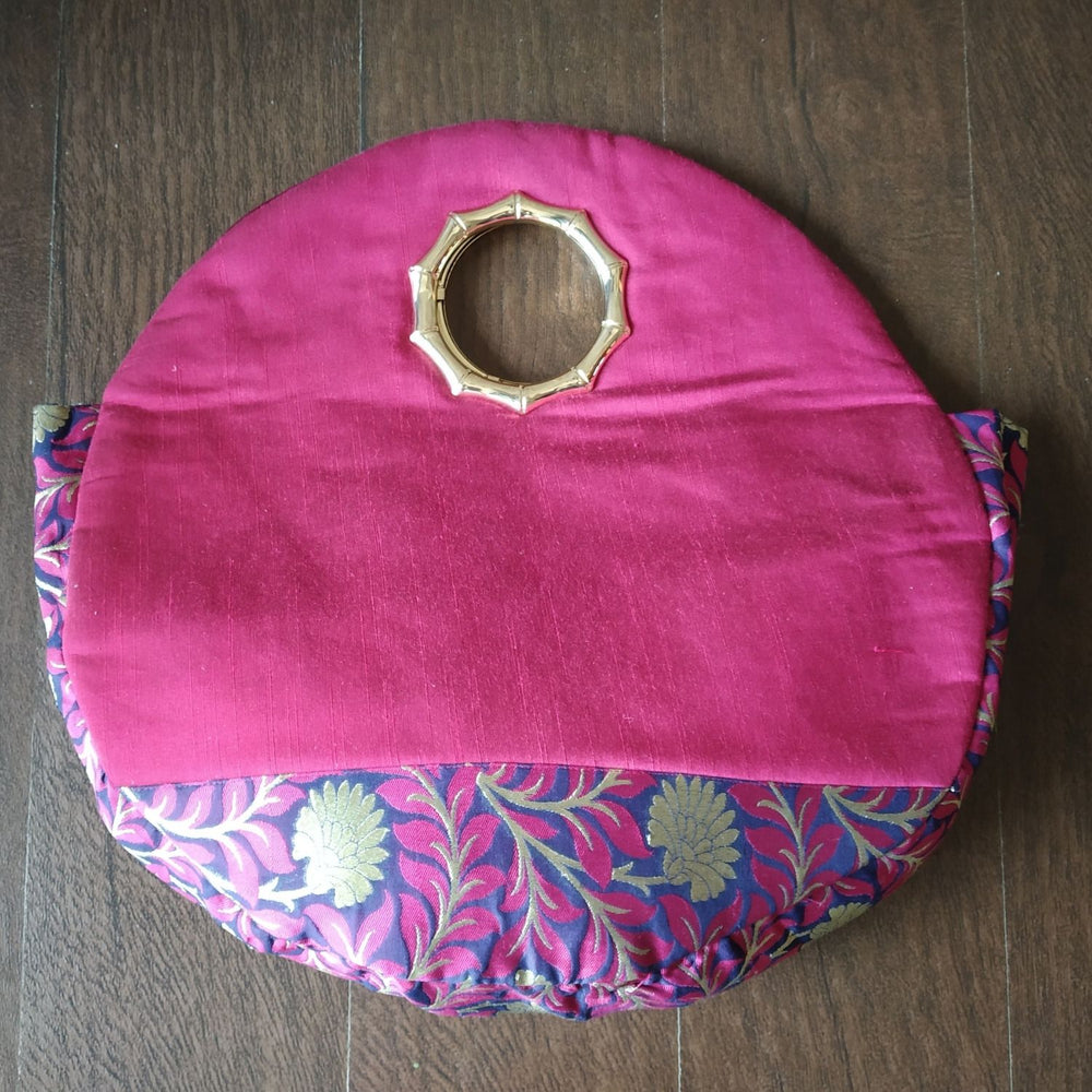 Magenta Round Silk & Banarasi Bag | For Festive Elegance