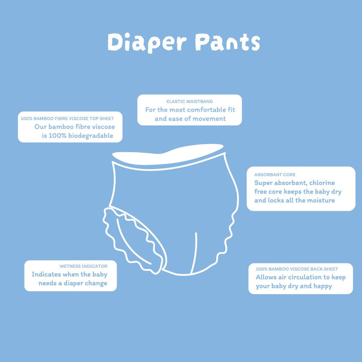 Eco-Friendly Bamboo Diapers | Extra Large Size / 12 - 17 KG | Pant Style | Pack Of 20