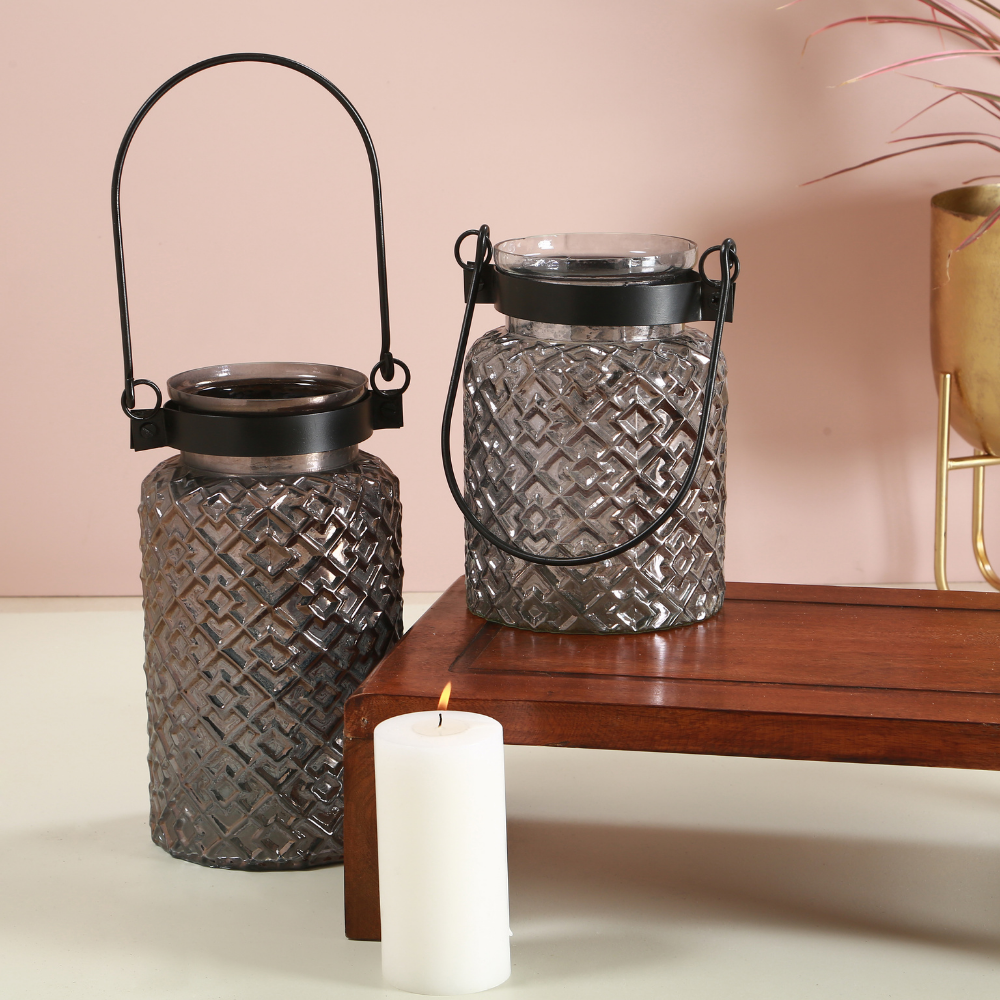 Patterned Glass Black Lustre Lantern | Table Top Accent | Festive Decor | Hand-Made | Black | 12"