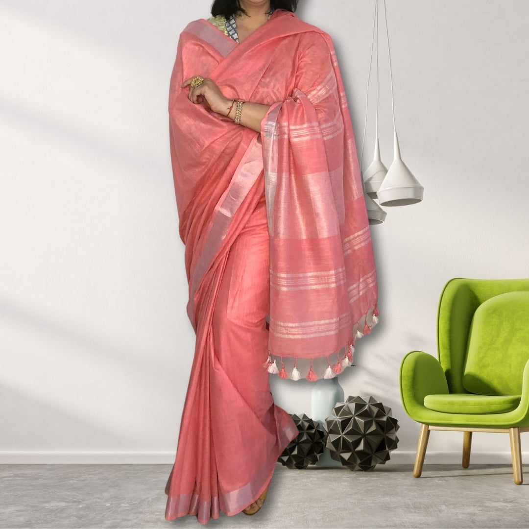 Watermelon Pink Cotton Linen Saree | With Silver Zari Border | Tasselled Fringes