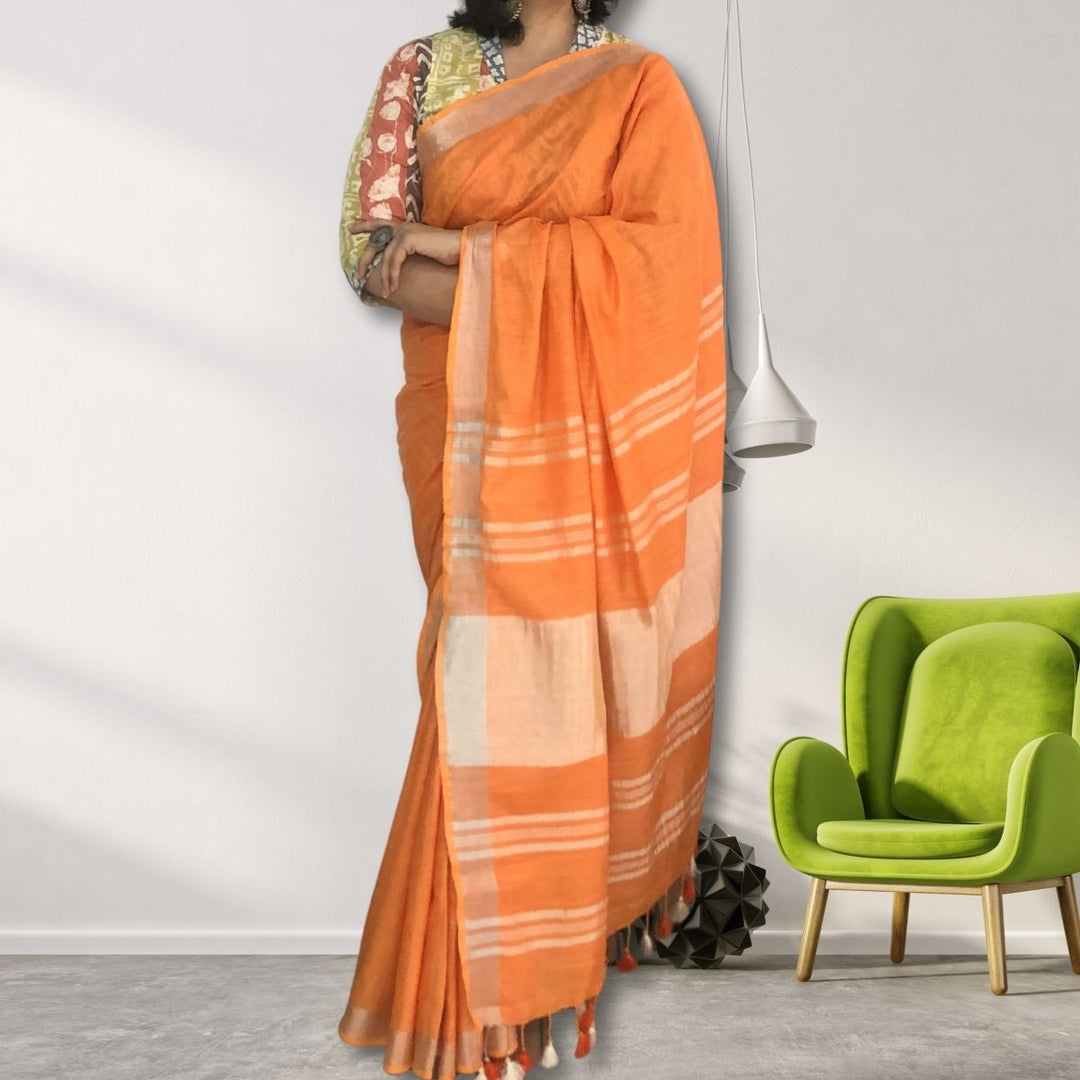 Orange Cotton Linen Saree | With Silver Zari Border | Tasselled Fringes 