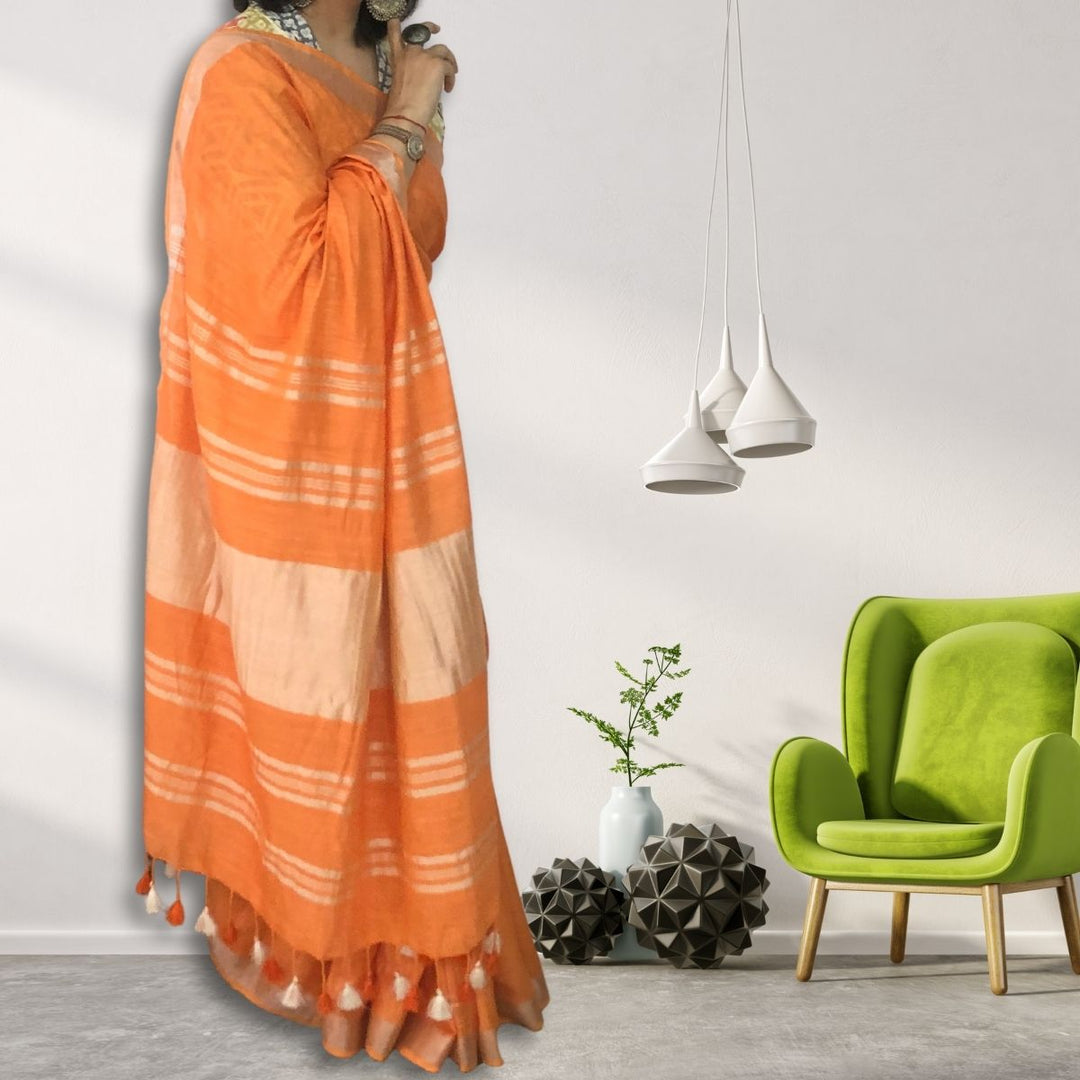 Orange Cotton Linen Saree | With Silver Zari Border | Tasselled Fringes 