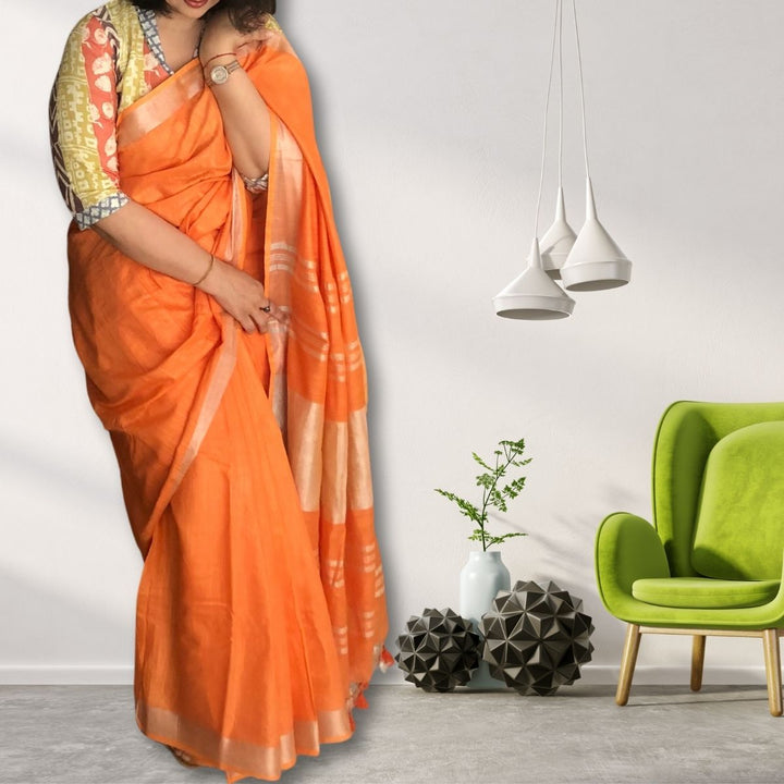 Orange Cotton Linen Saree | With Silver Zari Border | Tasselled Fringes 