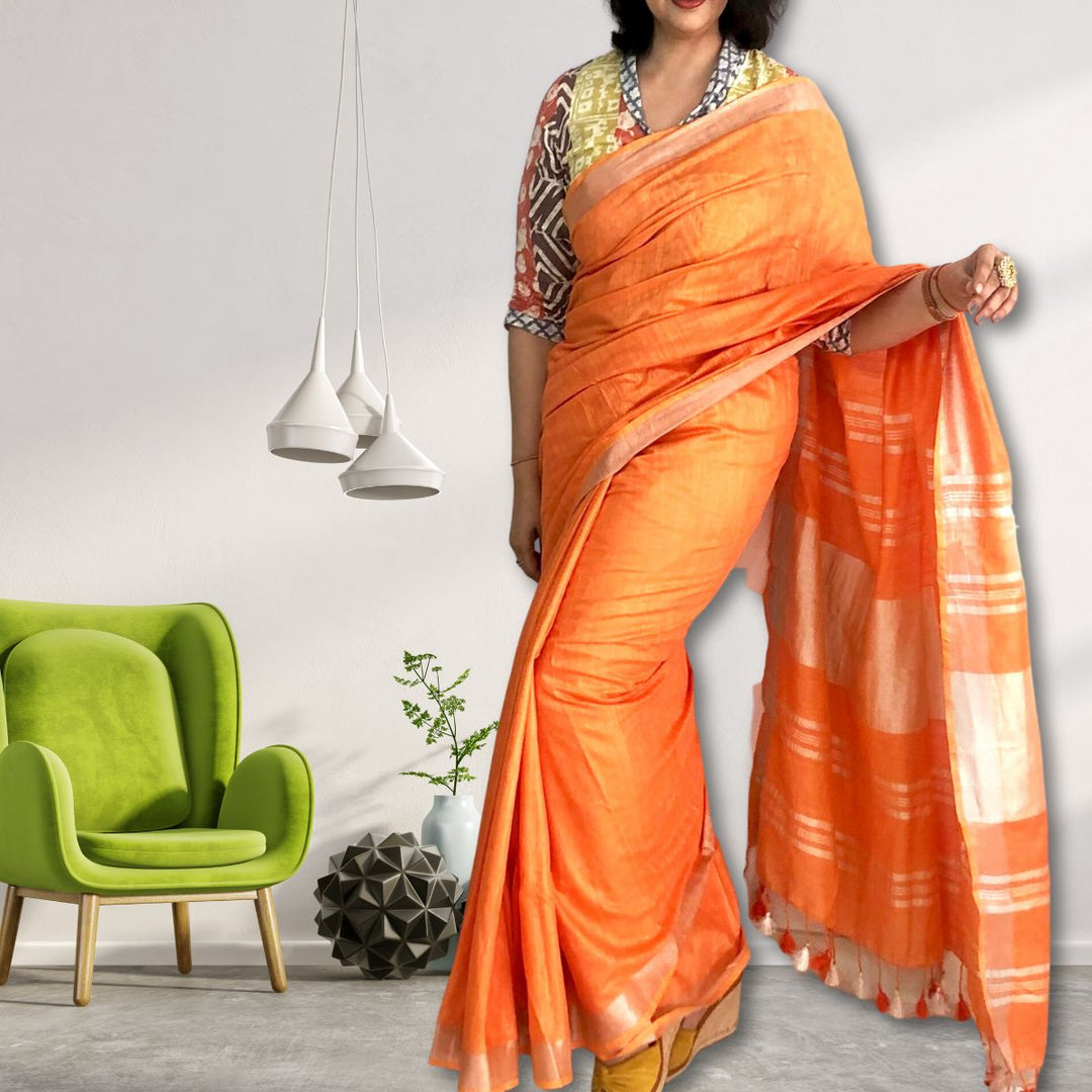 Orange Cotton Linen Saree | With Silver Zari Border | Tasselled Fringes 