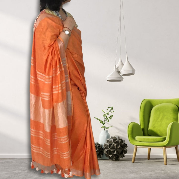 Orange Cotton Linen Saree | With Silver Zari Border | Tasselled Fringes 