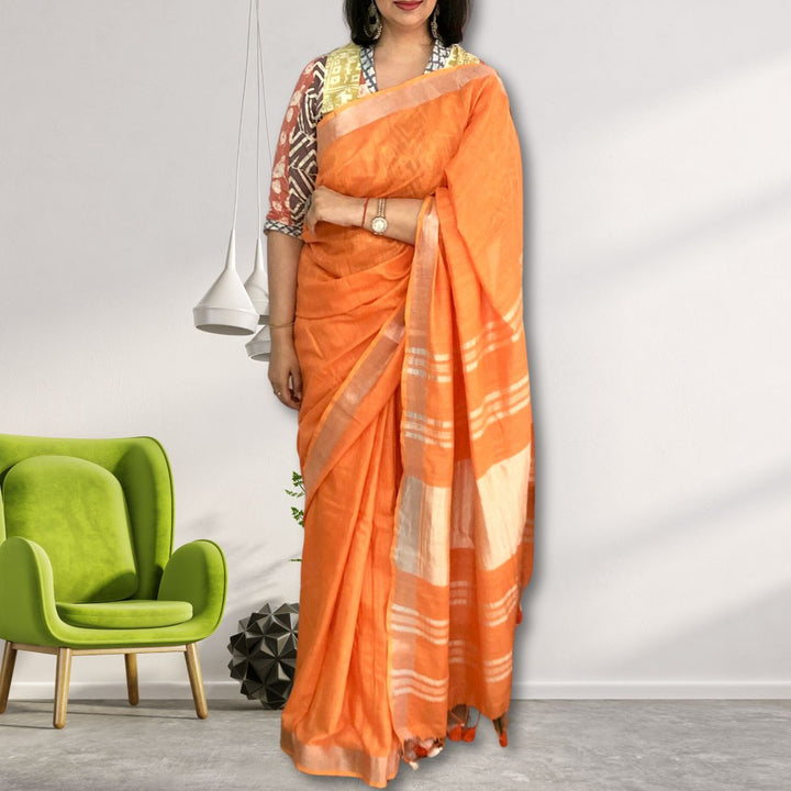 Orange Cotton Linen Saree | With Silver Zari Border | Tasselled Fringes 