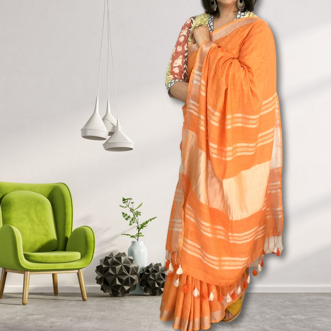 Orange Cotton Linen Saree | With Silver Zari Border | Tasselled Fringes 