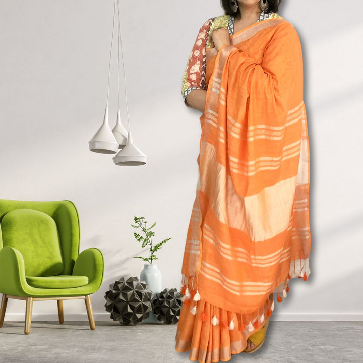 Orange Cotton Linen Saree | With Silver Zari Border | Tasselled Fringes 