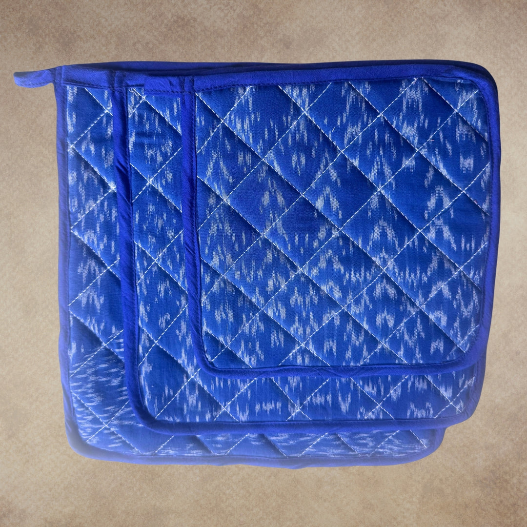 Blue Ikat Quilted Pot Holders | Hand-Crafted Kitchen Linen | Set of 3