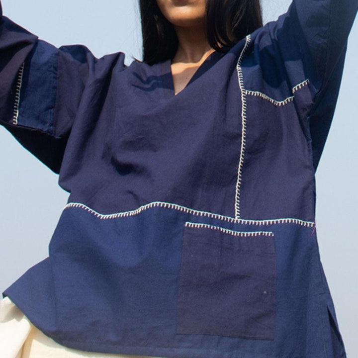 Indigo Classic V Neck Top  | Shape Agnostic | Comfy | Hand-Crafted | Embroidered