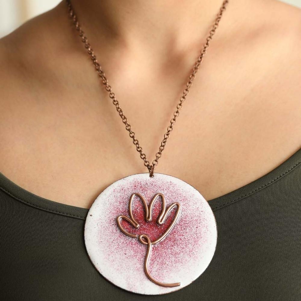 Lotus Bloom Copper Enamel Pendant Necklace | Hand-crafted | Pink