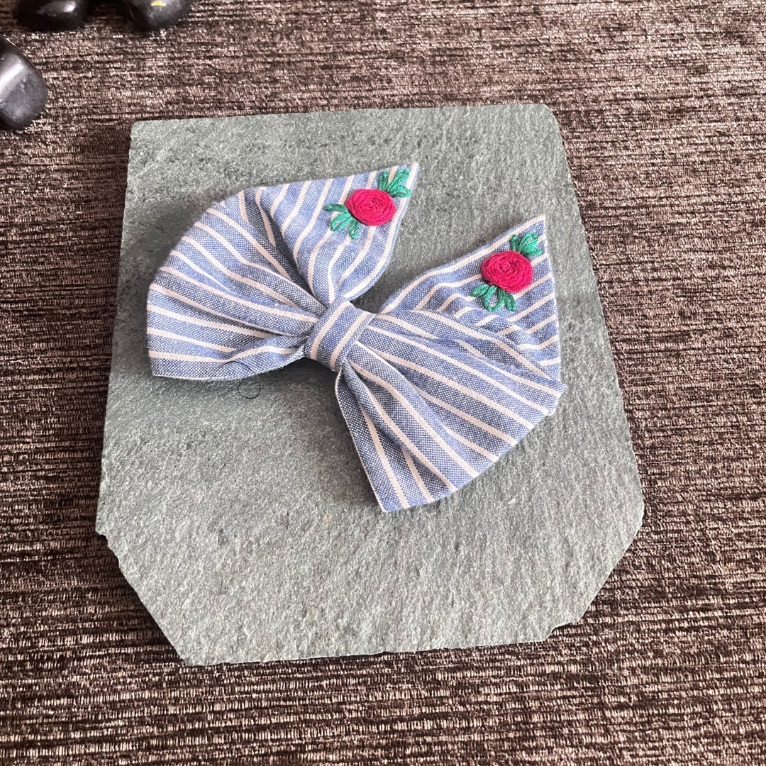 Bow Ribbon Hair Clip | Embroidered | Floral | Delicate | Comfortable | Cute | Ice Blue